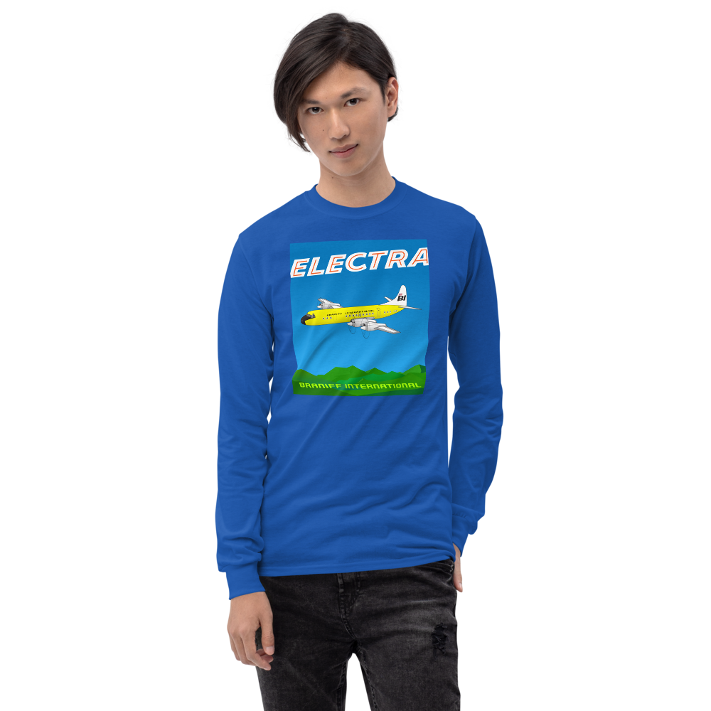 Long Sleeve Shirt by Gildan Men's Women's Braniff Lockheed L-188 Electra 1967 Solid Color Scheme
