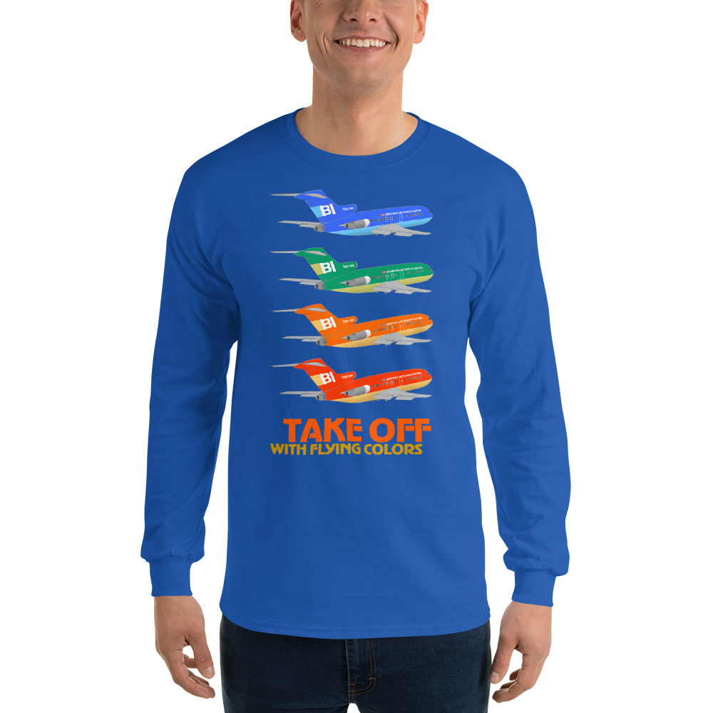 Long Sleeve Shirt by Gildan Men's Women's Braniff Boeing 727 Takeoff with Flying Colors 1971 Two Tone