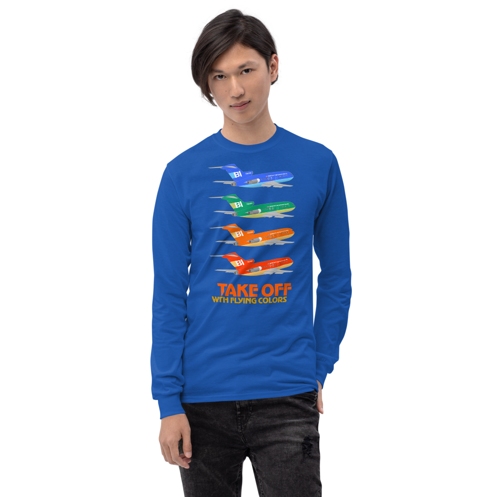 Long Sleeve Shirt by Gildan Men's Women's Braniff Boeing 727 Takeoff with Flying Colors 1971 Two Tone