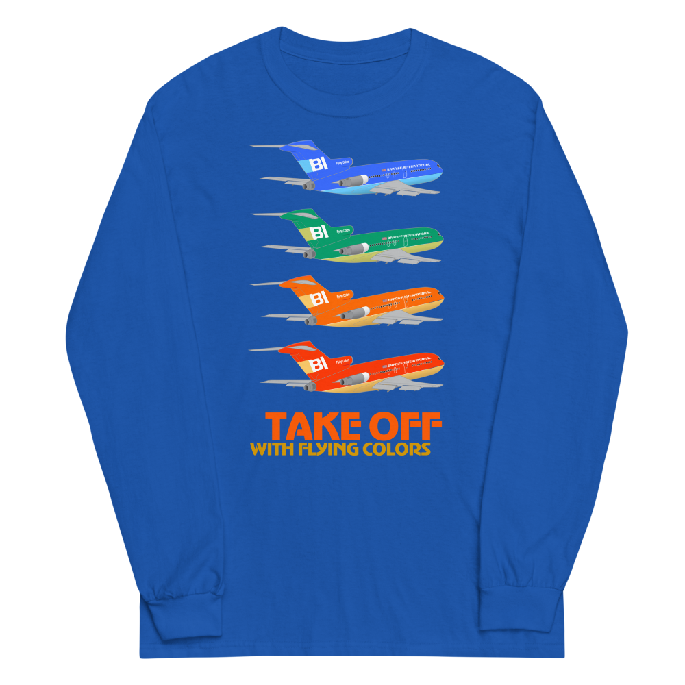 Long Sleeve Shirt by Gildan Men's Women's Braniff Boeing 727 Takeoff with Flying Colors 1971 Two Tone