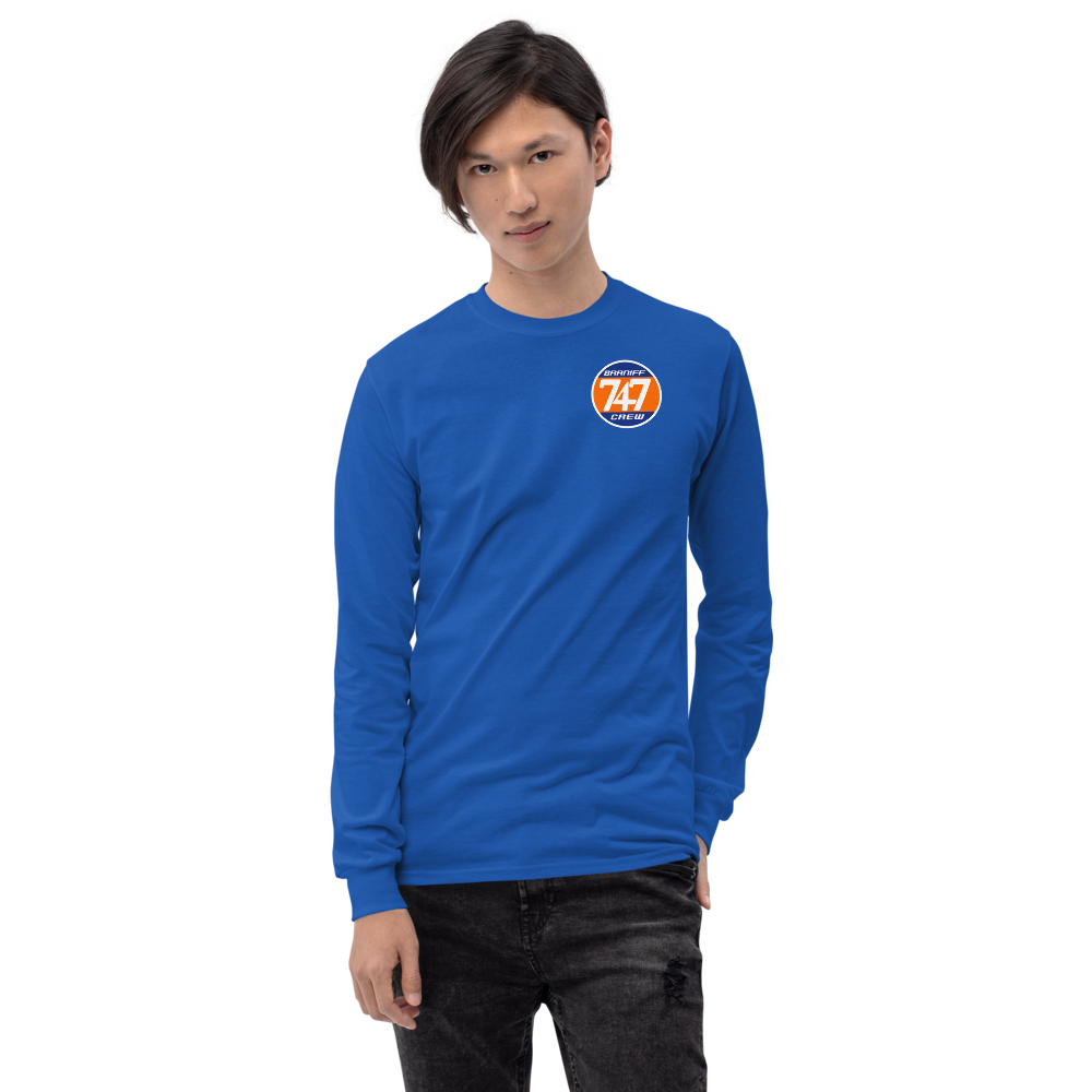 Long Sleeve Shirt by Gildan Men's Women's Braniff Boeing 747 Crew Logo and Jumbo Jet on Shirt Back