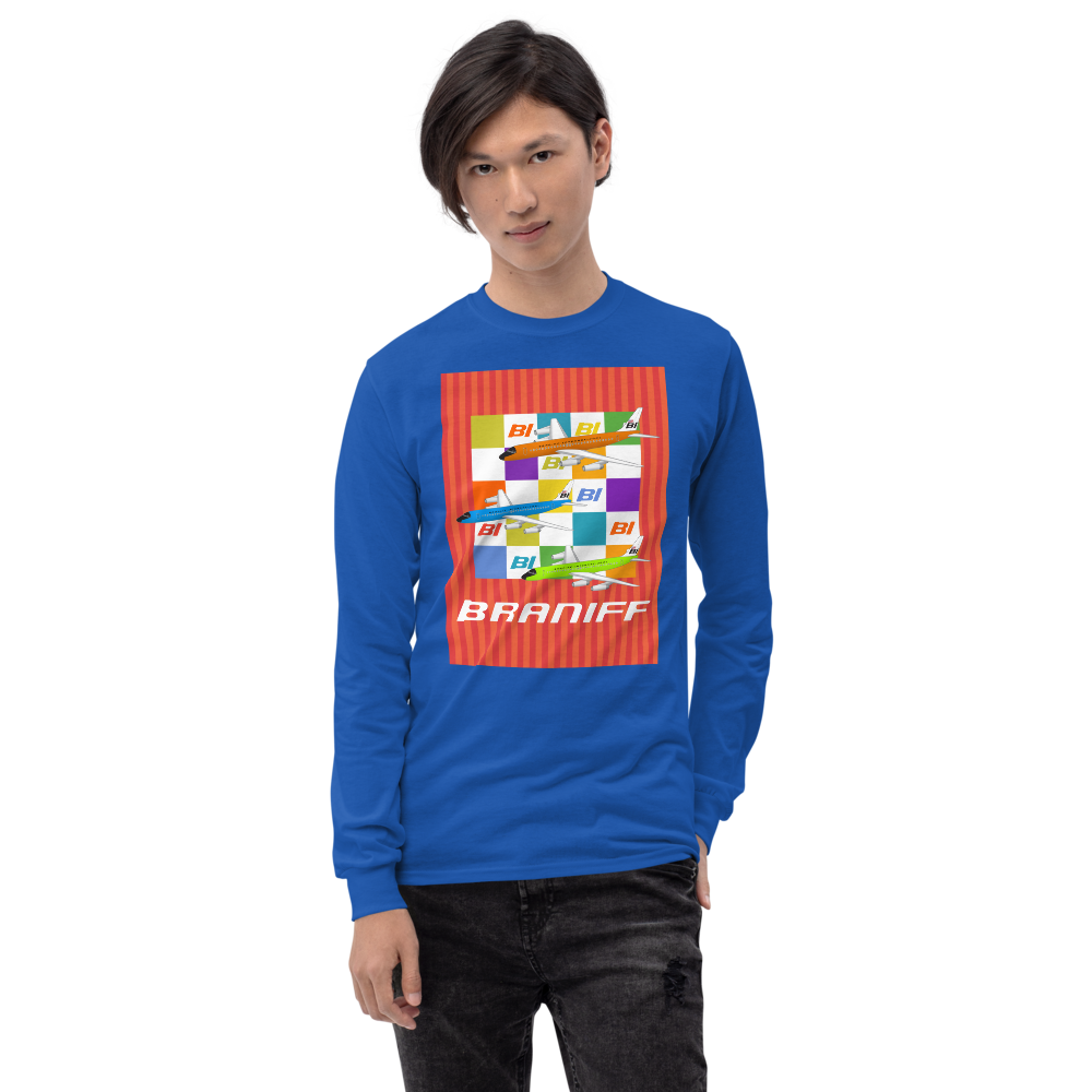Long Sleeve Shirt by Gildan Men's Women's Braniff McDonnell Douglas DC-8-62 1967 Solid Color Scheme
