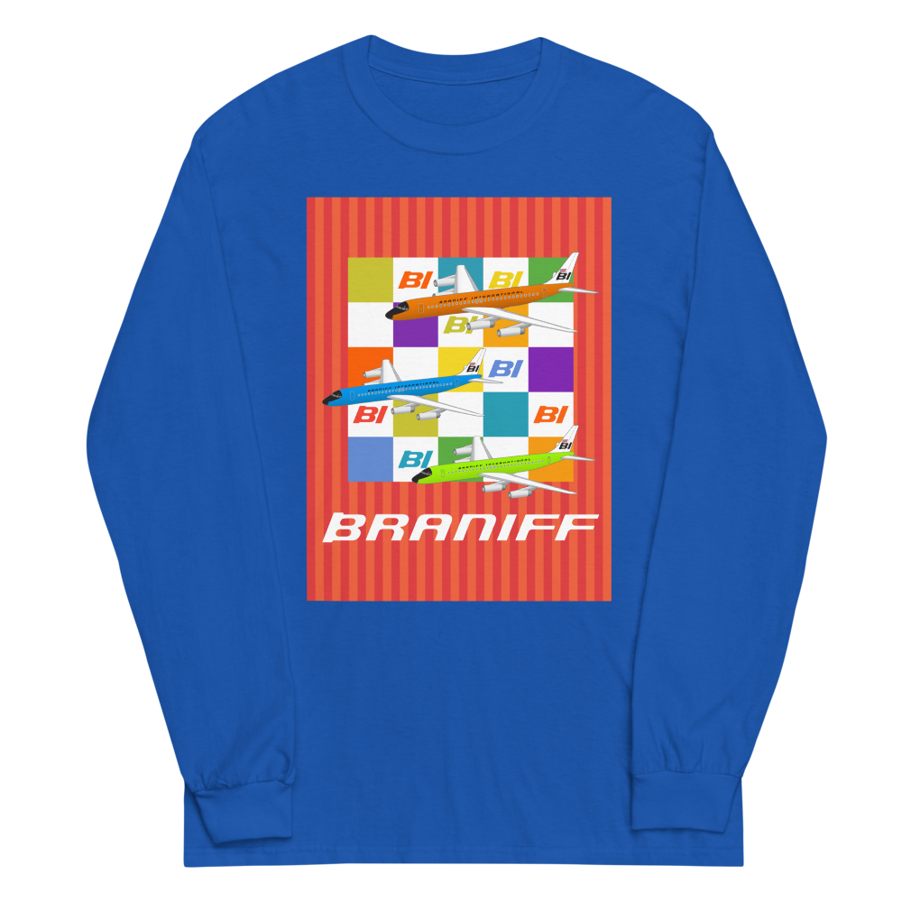 Long Sleeve Shirt by Gildan Men's Women's Braniff McDonnell Douglas DC-8-62 1967 Solid Color Scheme