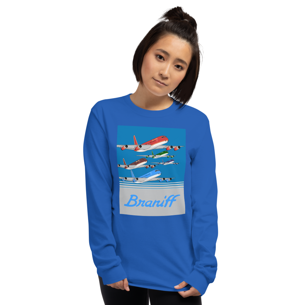 Long Sleeve Shirt by Gildan Men's Women's  Braniff McDonnell Douglas DC-8-62 1978 Ultra Color Scheme
