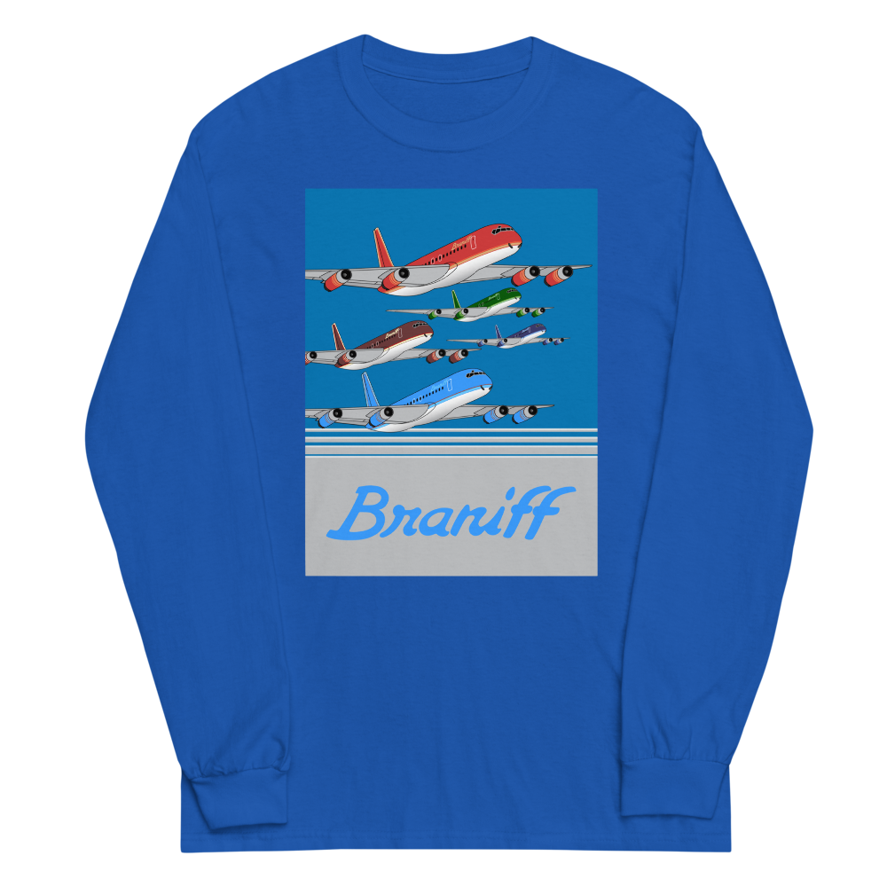 Long Sleeve Shirt by Gildan Men's Women's  Braniff McDonnell Douglas DC-8-62 1978 Ultra Color Scheme