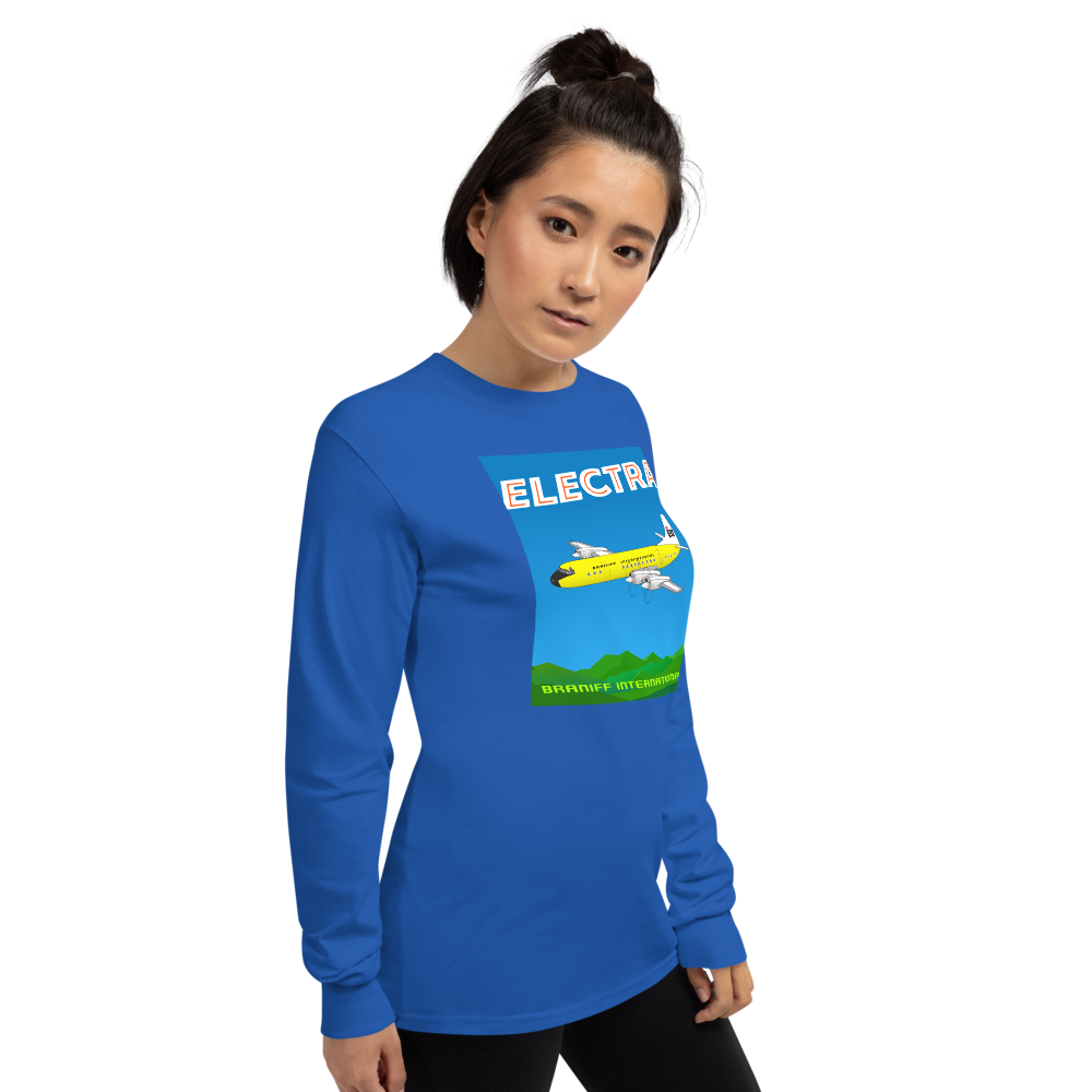 Long Sleeve Shirt by Gildan Men's Women's Braniff Lockheed L-188 Electra 1967 Solid Color Scheme
