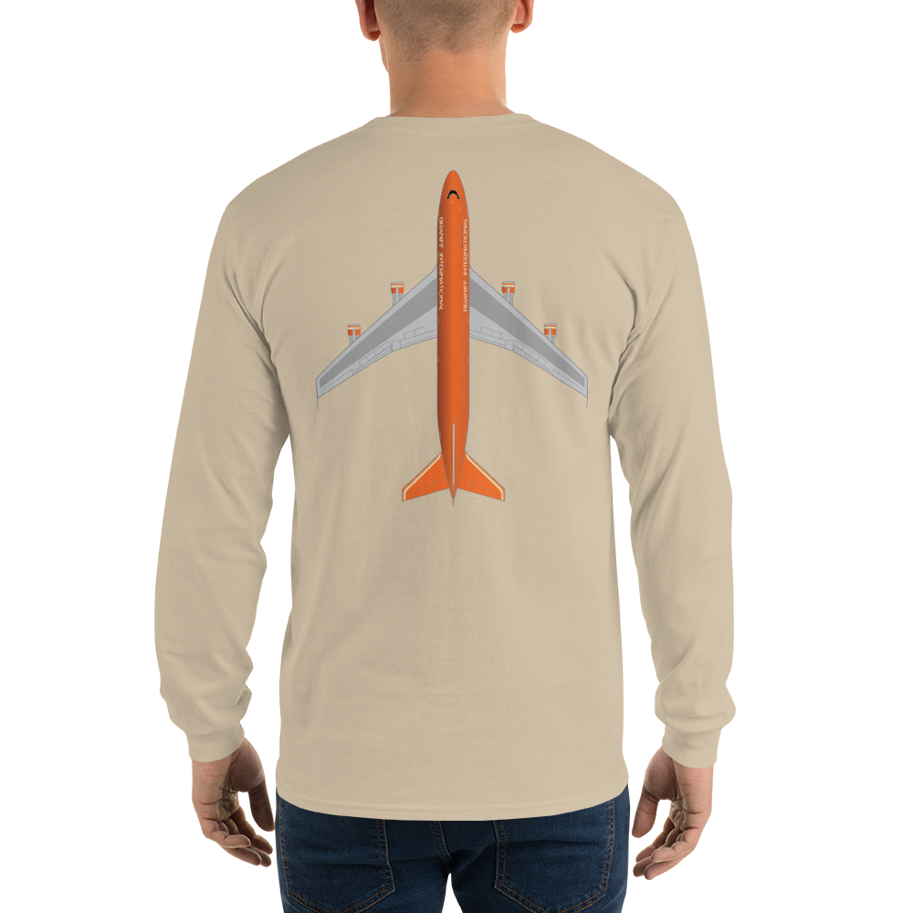 Long Sleeve Shirt by Gildan Men's Women's Braniff Boeing 747 Crew Logo and Jumbo Jet on Shirt Back