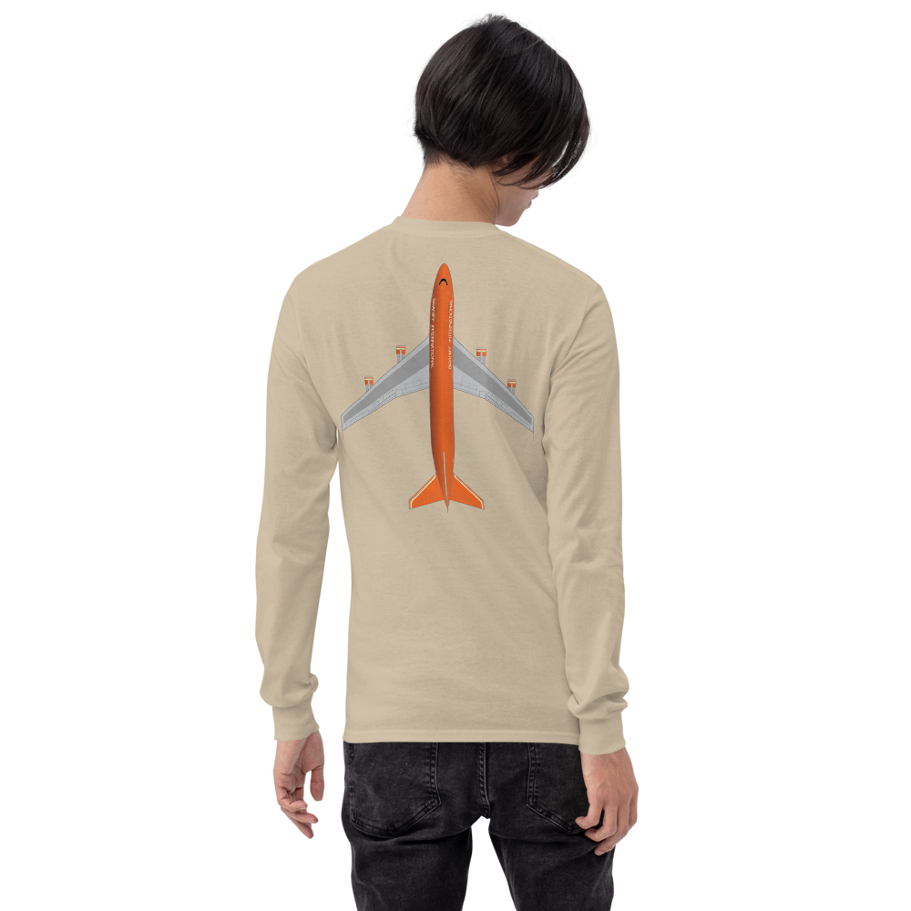 Long Sleeve Shirt by Gildan Men's Women's Braniff Boeing 747 Crew Logo and Jumbo Jet on Shirt Back