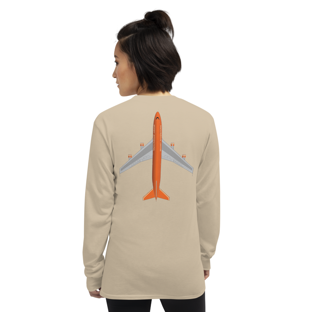 Long Sleeve Shirt by Gildan Men's Women's Braniff Boeing 747 Crew Logo and Jumbo Jet on Shirt Back