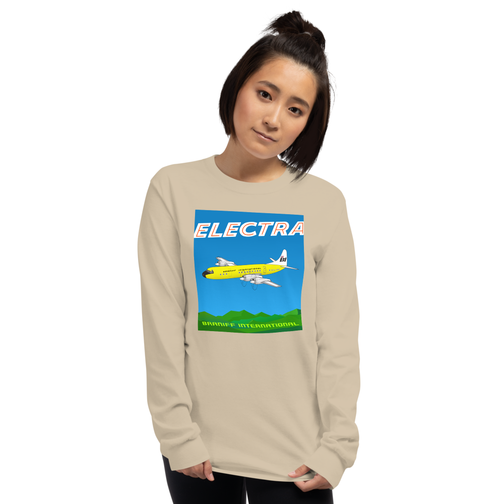 Long Sleeve Shirt by Gildan Men's Women's Braniff Lockheed L-188 Electra 1967 Solid Color Scheme