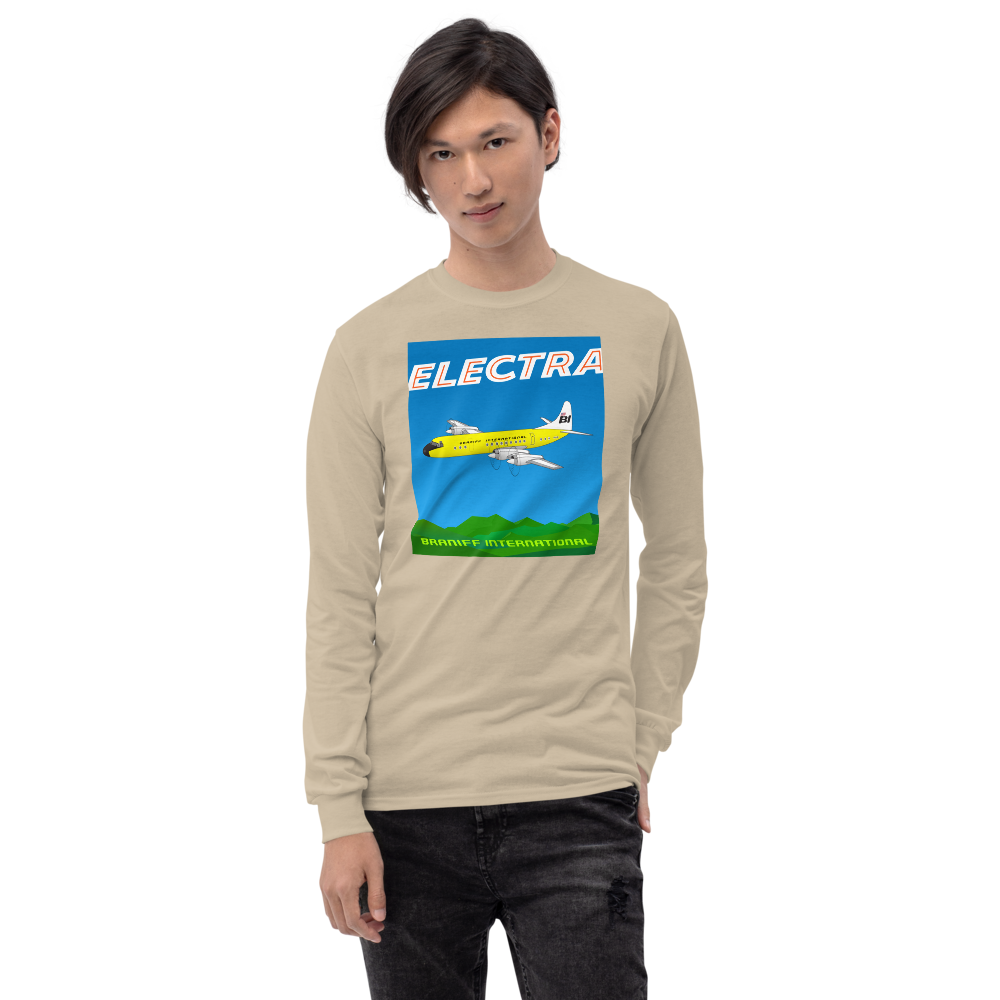 Long Sleeve Shirt by Gildan Men's Women's Braniff Lockheed L-188 Electra 1967 Solid Color Scheme