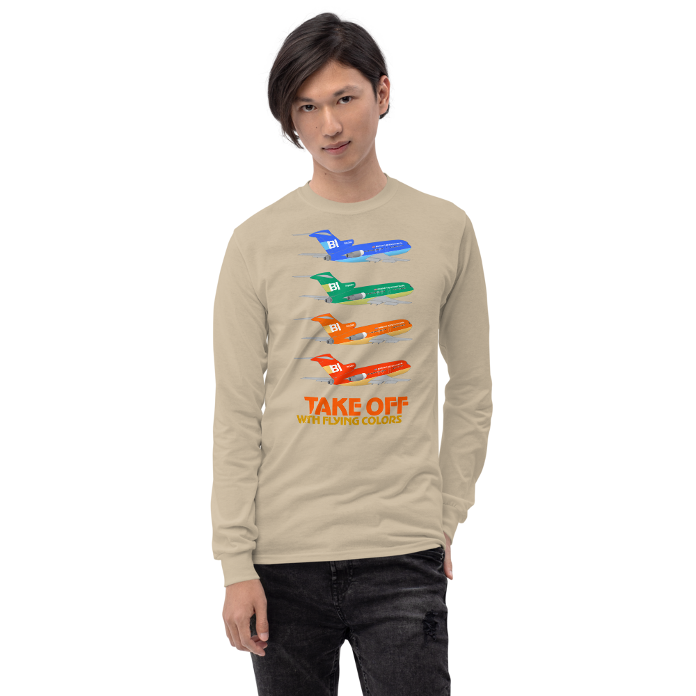 Long Sleeve Shirt by Gildan Men's Women's Braniff Boeing 727 Takeoff with Flying Colors 1971 Two Tone