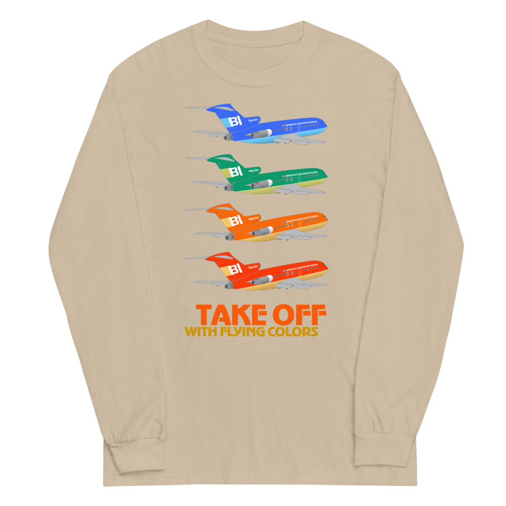 Long Sleeve Shirt by Gildan Men's Women's Braniff Boeing 727 Takeoff with Flying Colors 1971 Two Tone