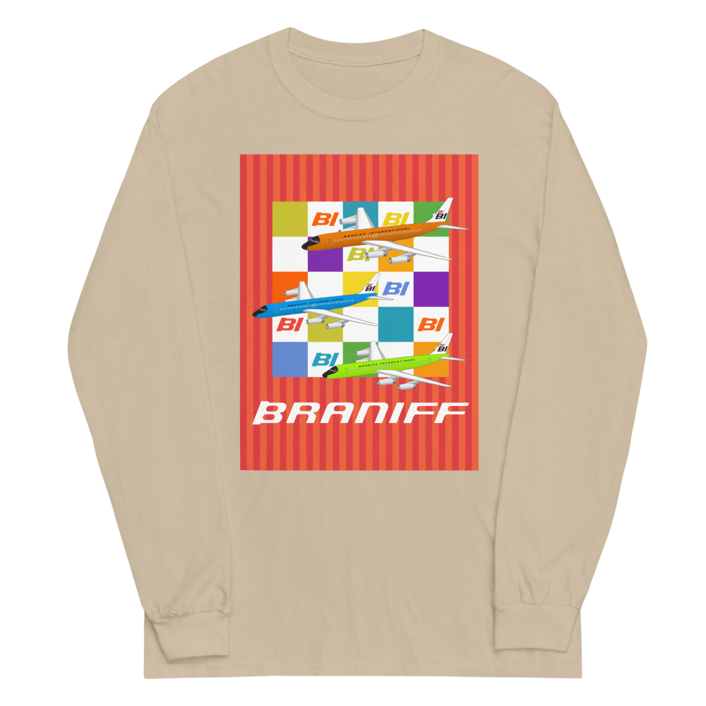 Long Sleeve Shirt by Gildan Men's Women's Braniff McDonnell Douglas DC-8-62 1967 Solid Color Scheme