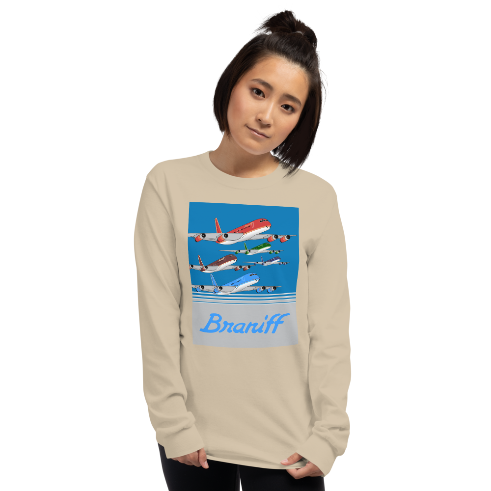 Long Sleeve Shirt by Gildan Men's Women's  Braniff McDonnell Douglas DC-8-62 1978 Ultra Color Scheme
