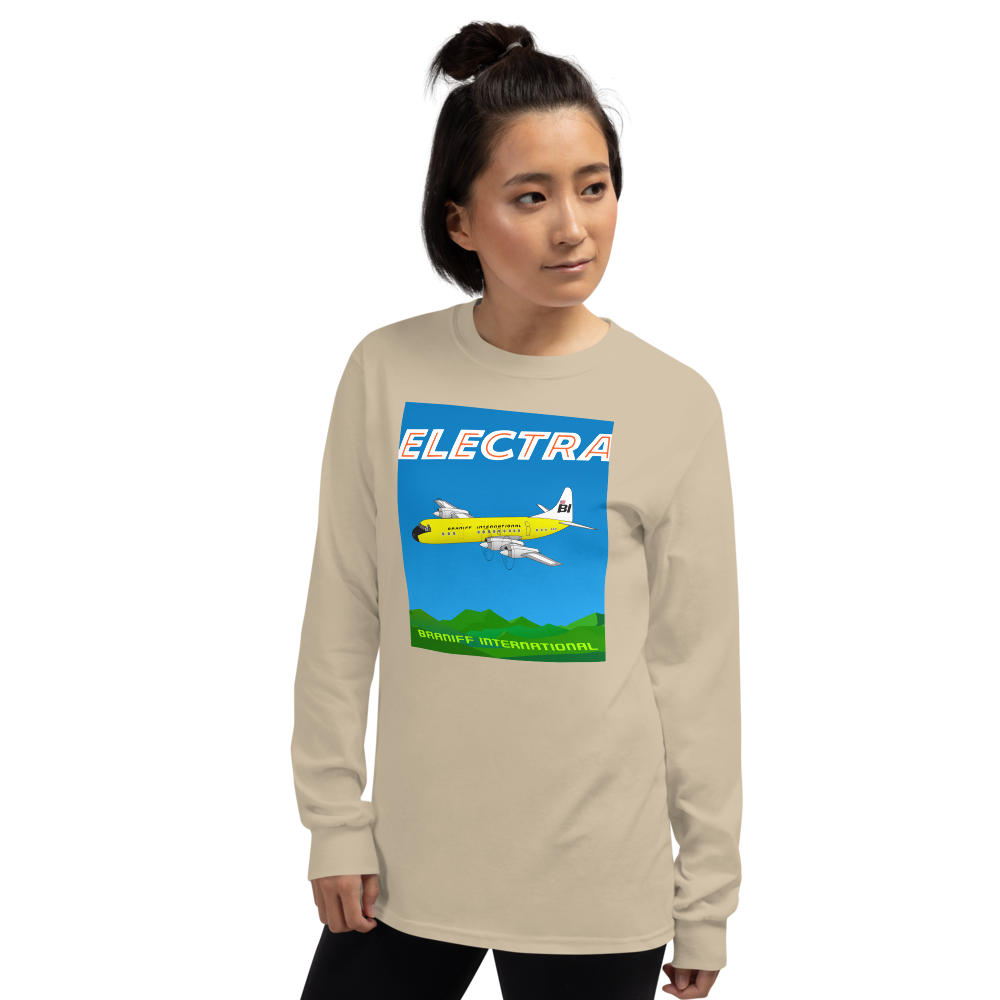 Long Sleeve Shirt by Gildan Men's Women's Braniff Lockheed L-188 Electra 1967 Solid Color Scheme