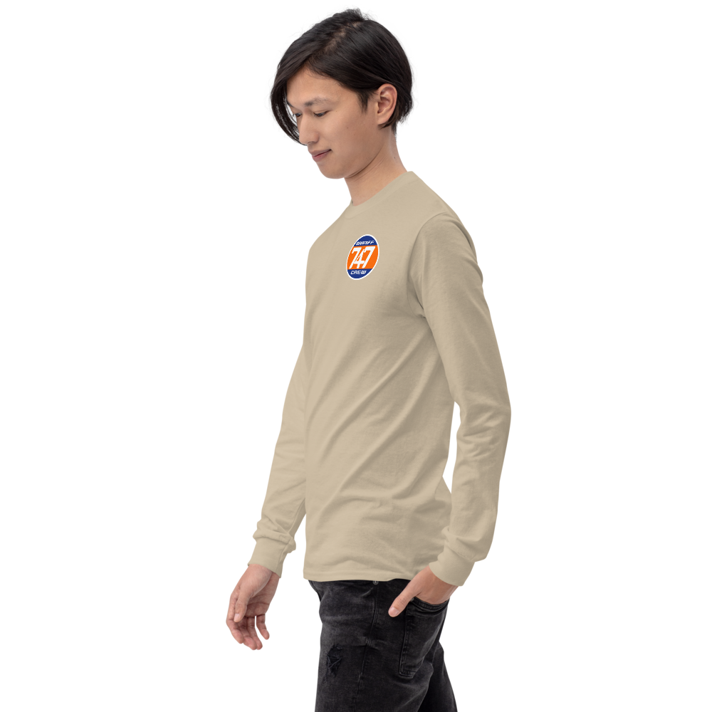 Long Sleeve Shirt by Gildan Men's Women's Braniff Boeing 747 Crew Logo and Jumbo Jet on Shirt Back