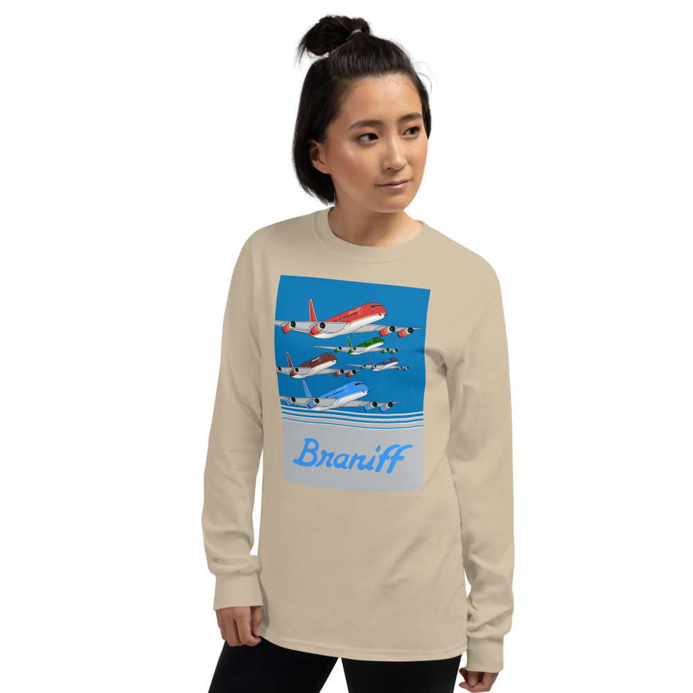 Long Sleeve Shirt by Gildan Men's Women's  Braniff McDonnell Douglas DC-8-62 1978 Ultra Color Scheme