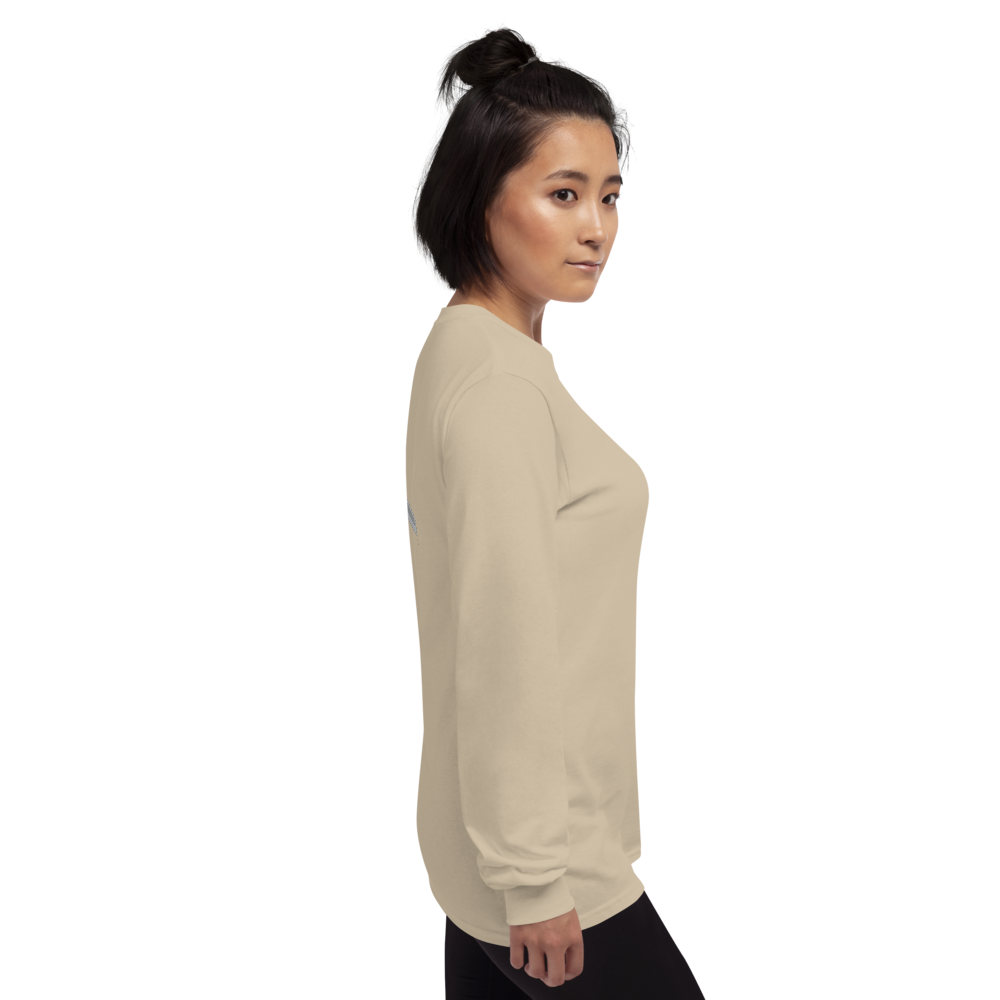 Long Sleeve Shirt by Gildan Men's Women's Braniff Boeing 747 Crew Logo and Jumbo Jet on Shirt Back