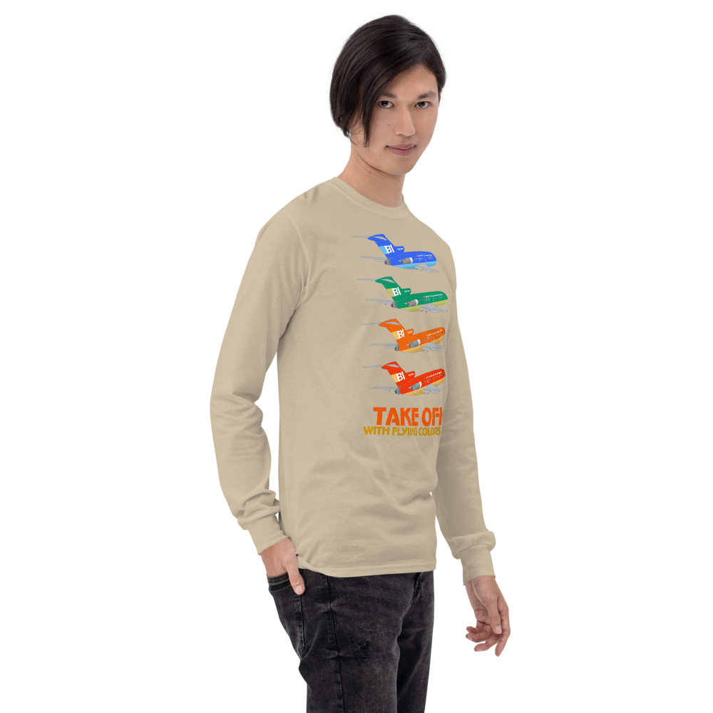 Long Sleeve Shirt by Gildan Men's Women's Braniff Boeing 727 Takeoff with Flying Colors 1971 Two Tone