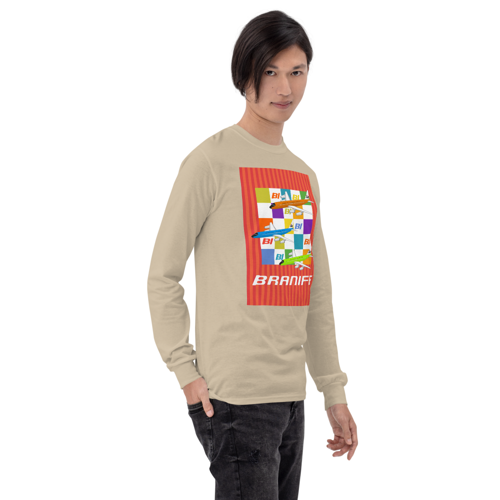 Long Sleeve Shirt by Gildan Men's Women's Braniff McDonnell Douglas DC-8-62 1967 Solid Color Scheme