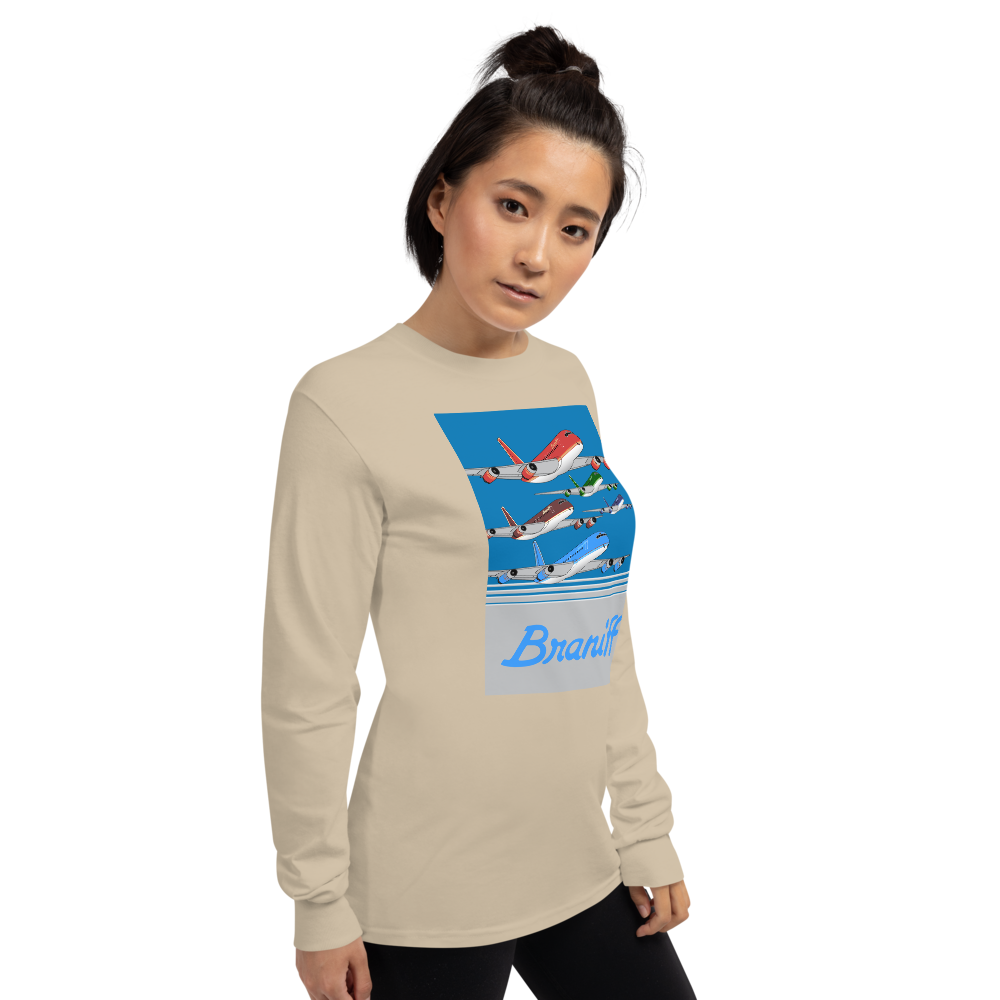 Long Sleeve Shirt by Gildan Men's Women's  Braniff McDonnell Douglas DC-8-62 1978 Ultra Color Scheme