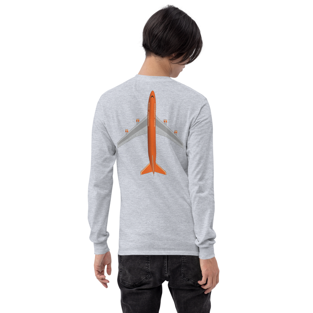 Long Sleeve Shirt by Gildan Men's Women's Braniff Boeing 747 Crew Logo and Jumbo Jet on Shirt Back