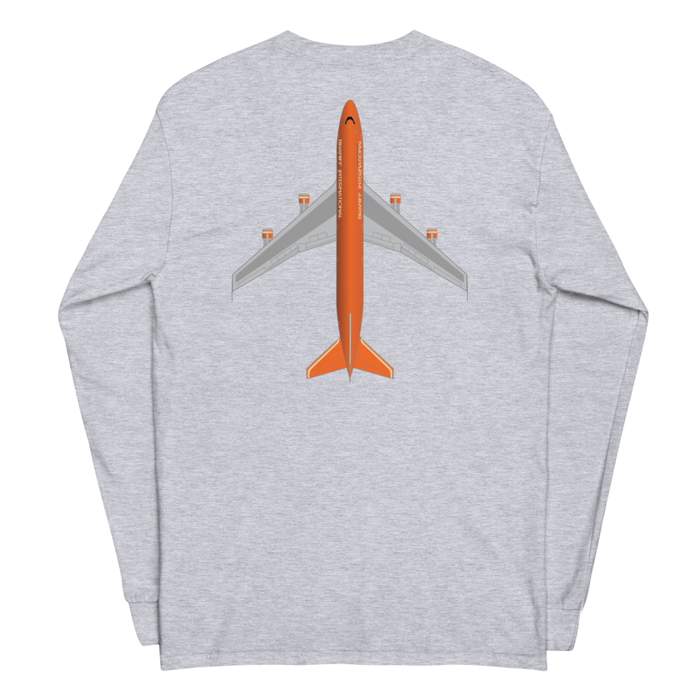 Long Sleeve Shirt by Gildan Men's Women's Braniff Boeing 747 Crew Logo and Jumbo Jet on Shirt Back
