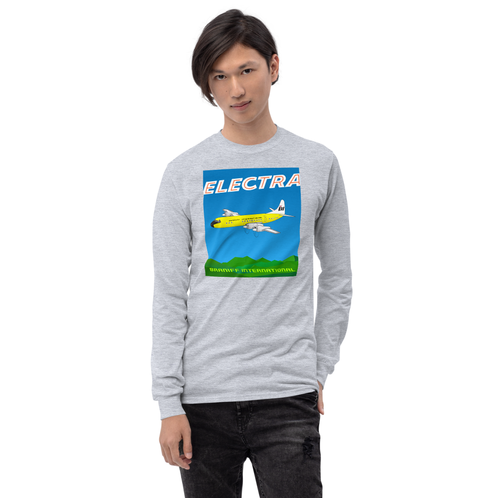 Long Sleeve Shirt by Gildan Men's Women's Braniff Lockheed L-188 Electra 1967 Solid Color Scheme