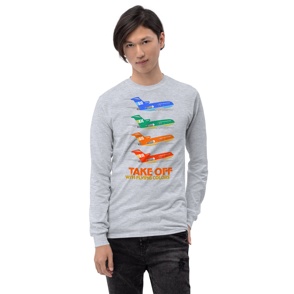 Long Sleeve Shirt by Gildan Men's Women's Braniff Boeing 727 Takeoff with Flying Colors 1971 Two Tone