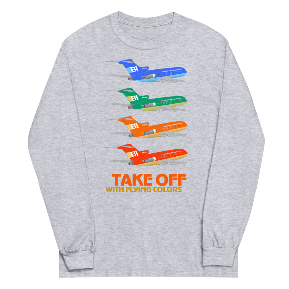 Long Sleeve Shirt by Gildan Men's Women's Braniff Boeing 727 Takeoff with Flying Colors 1971 Two Tone