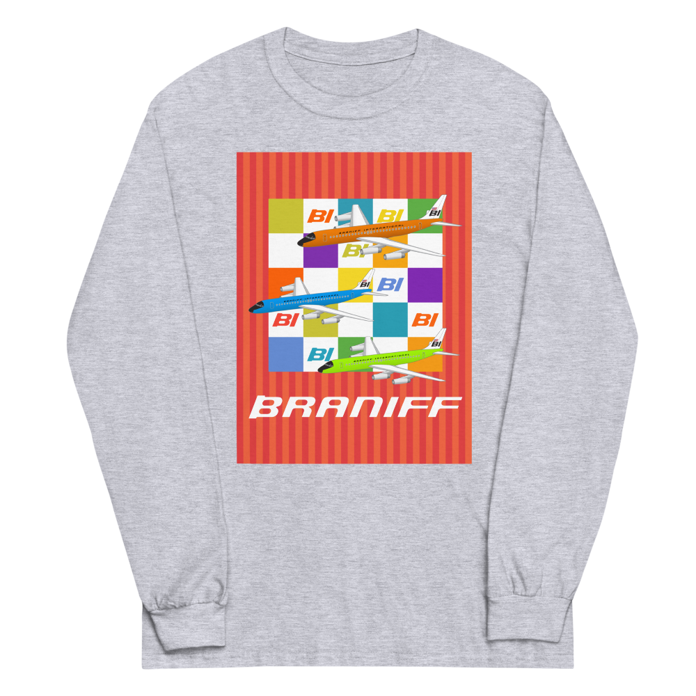 Long Sleeve Shirt by Gildan Men's Women's Braniff McDonnell Douglas DC-8-62 1967 Solid Color Scheme