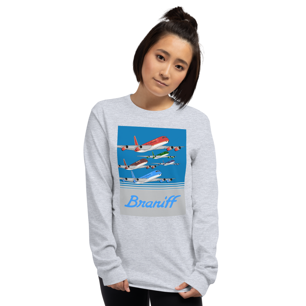 Long Sleeve Shirt by Gildan Men's Women's  Braniff McDonnell Douglas DC-8-62 1978 Ultra Color Scheme