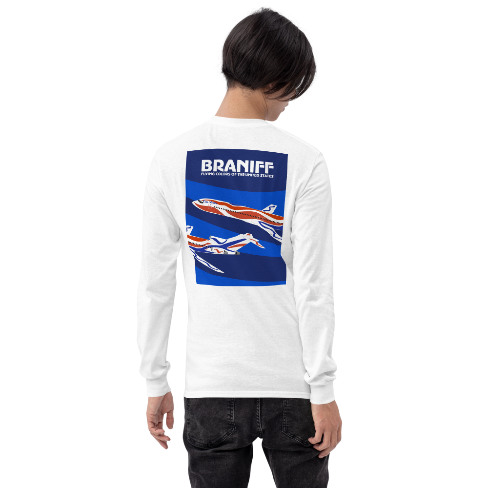 Long Sleeve Shirt by Gildan Men's Women's Braniff Boeing 727 Bicentennial Color Scheme on Shirt Back