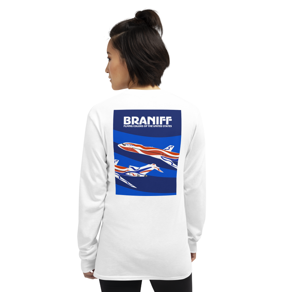 Long Sleeve Shirt by Gildan Men's Women's Braniff Boeing 727 Bicentennial Color Scheme on Shirt Back