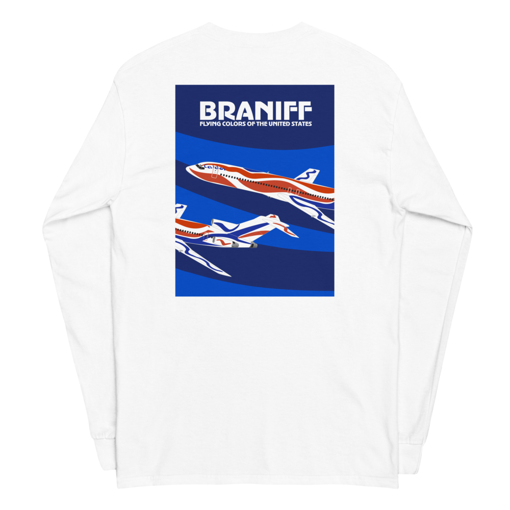 Long Sleeve Shirt by Gildan Men's Women's Braniff Boeing 727 Bicentennial Color Scheme on Shirt Back