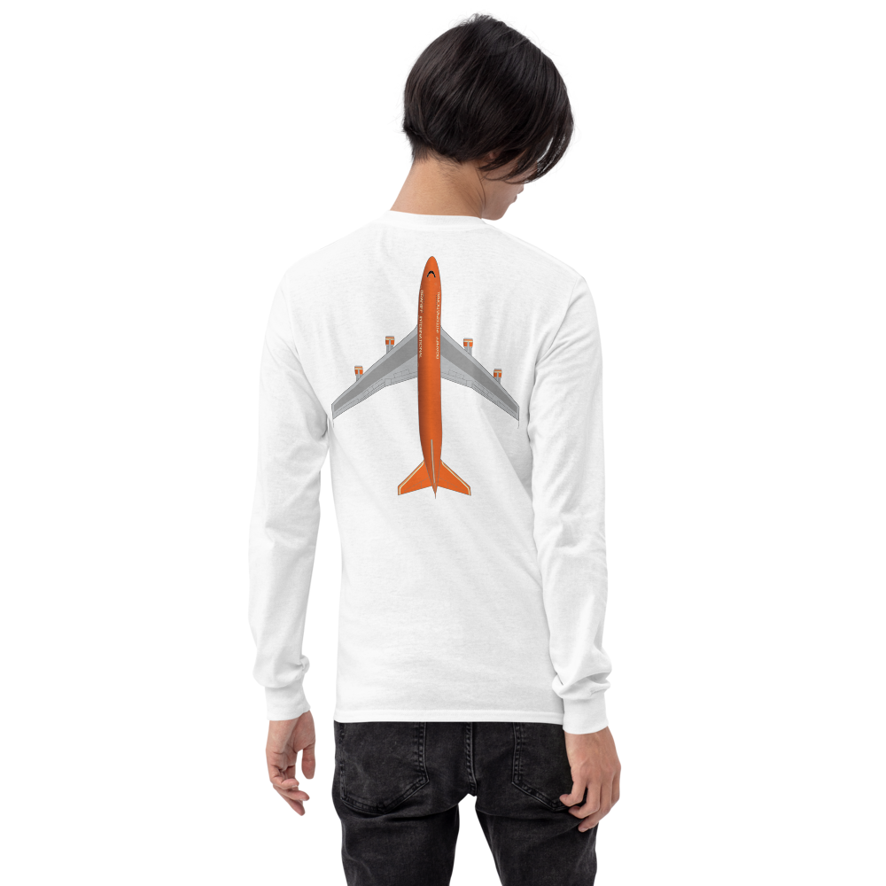 Long Sleeve Shirt by Gildan Men's Women's Braniff Boeing 747 Crew Logo and Jumbo Jet on Shirt Back