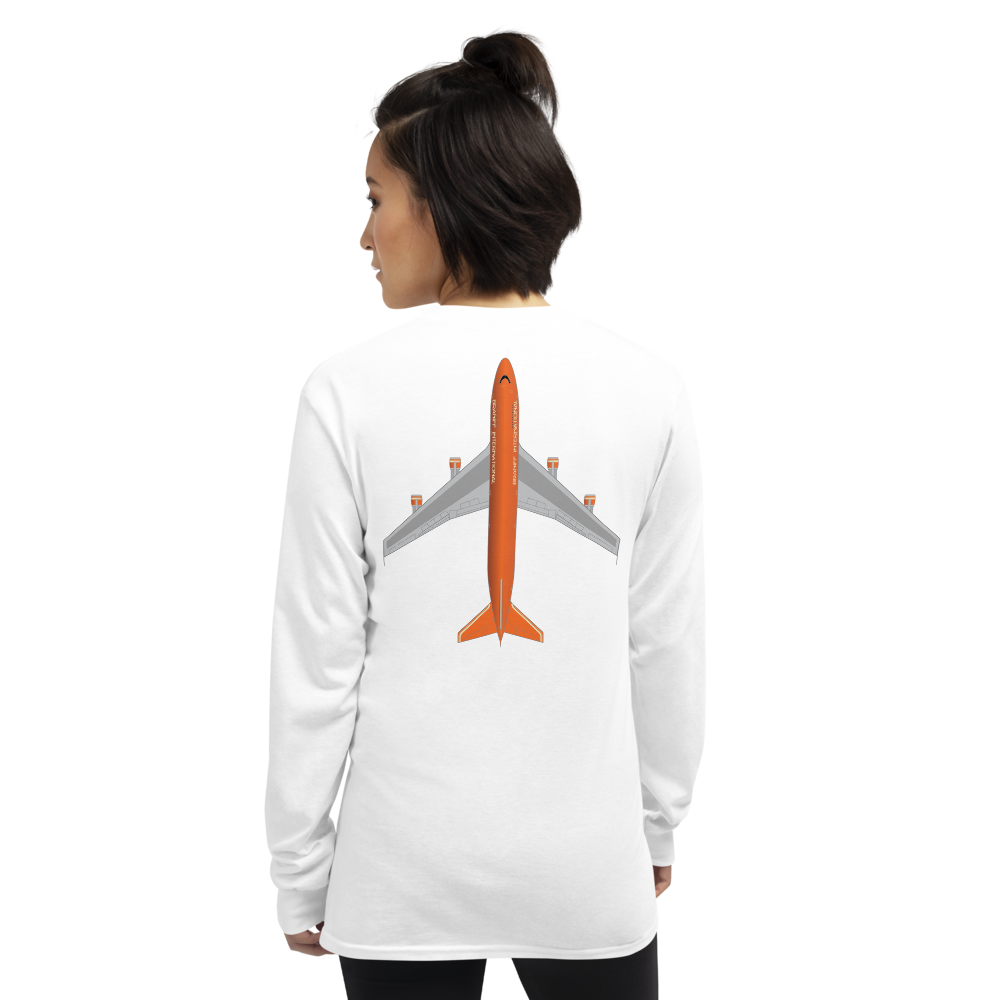 Long Sleeve Shirt by Gildan Men's Women's Braniff Boeing 747 Crew Logo and Jumbo Jet on Shirt Back