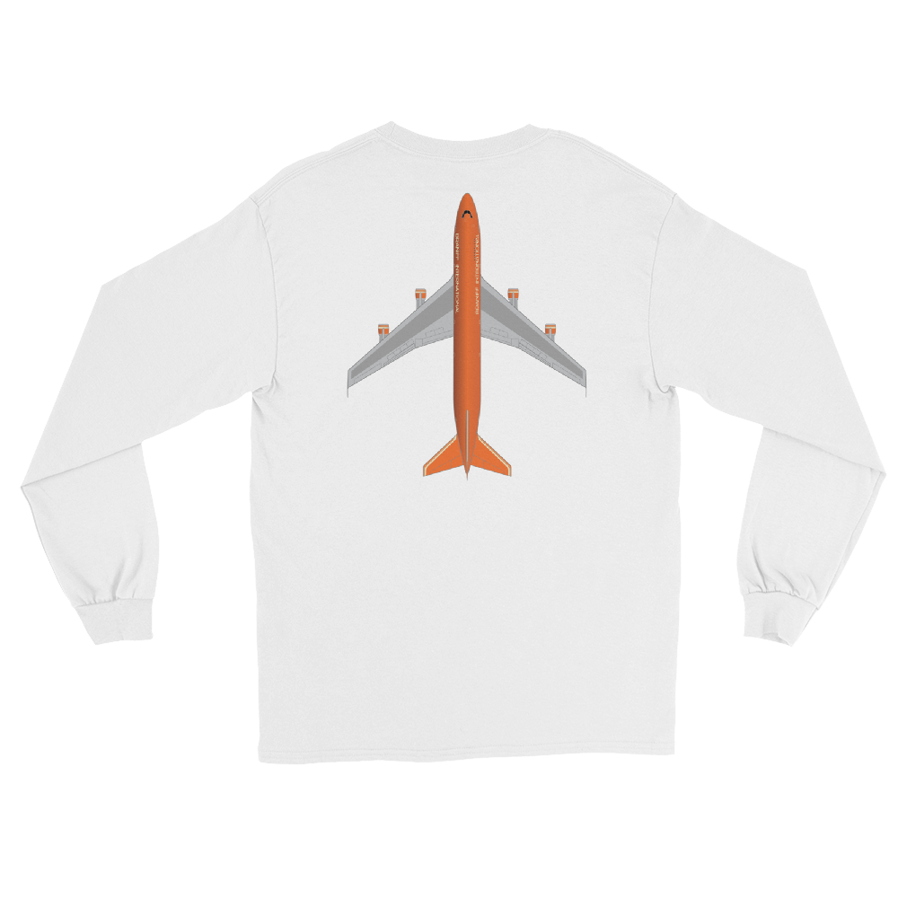 Long Sleeve Shirt by Gildan Men's Women's Braniff Boeing 747 Crew Logo and Jumbo Jet on Shirt Back