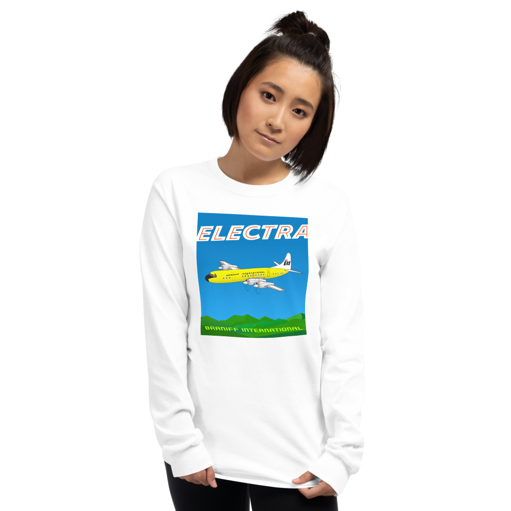 Long Sleeve Shirt by Gildan Men's Women's Braniff Lockheed L-188 Electra 1967 Solid Color Scheme