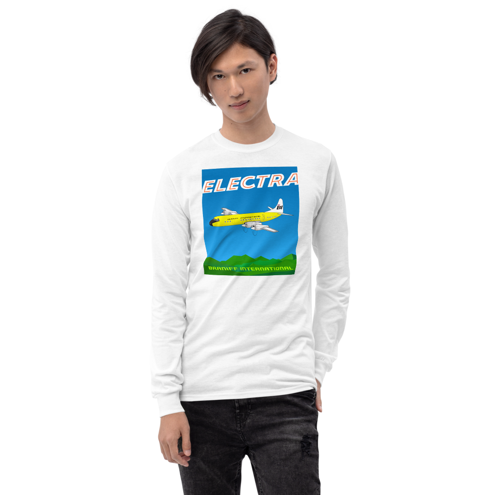 Long Sleeve Shirt by Gildan Men's Women's Braniff Lockheed L-188 Electra 1967 Solid Color Scheme