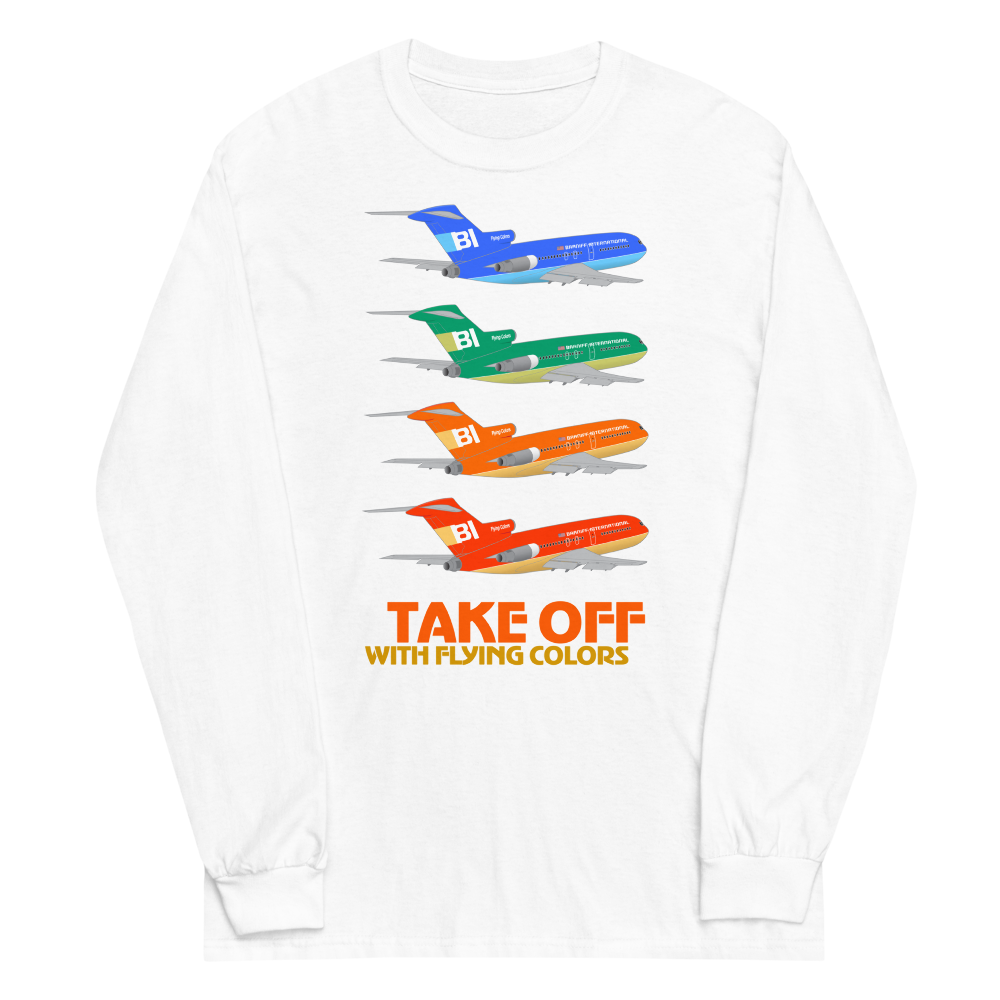 Long Sleeve Shirt by Gildan Men's Women's Braniff Boeing 727 Takeoff with Flying Colors 1971 Two Tone