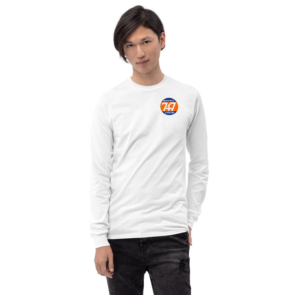 Long Sleeve Shirt by Gildan Men's Women's Braniff Boeing 747 Crew Logo and Jumbo Jet on Shirt Back