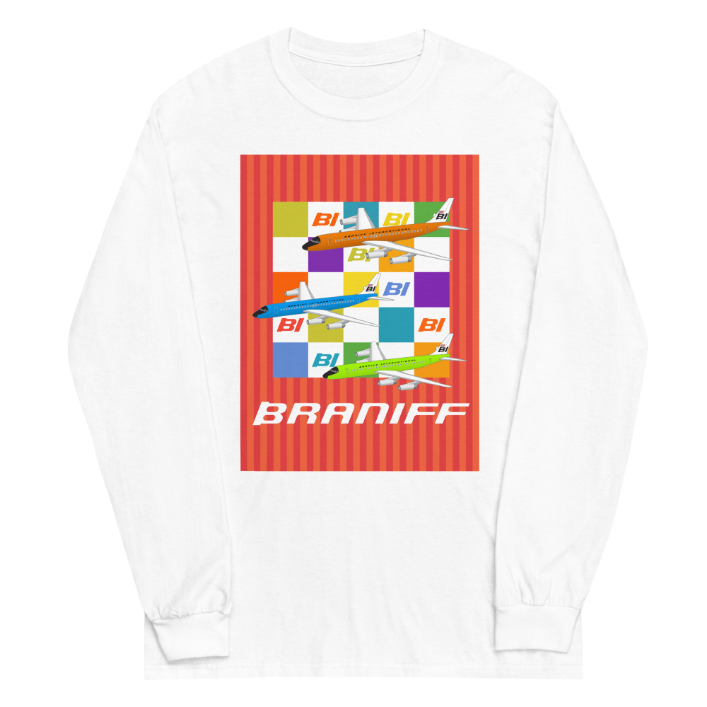 Long Sleeve Shirt by Gildan Men's Women's Braniff McDonnell Douglas DC-8-62 1967 Solid Color Scheme