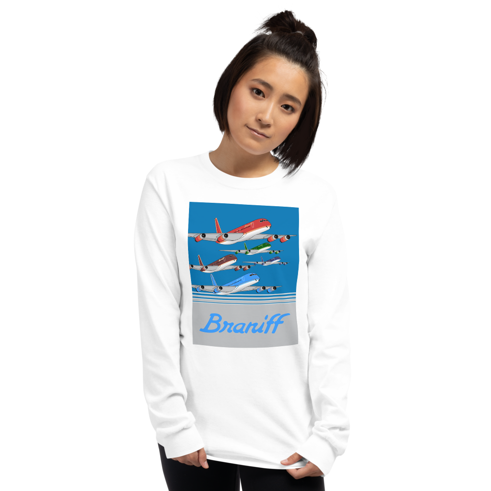 Long Sleeve Shirt by Gildan Men's Women's  Braniff McDonnell Douglas DC-8-62 1978 Ultra Color Scheme