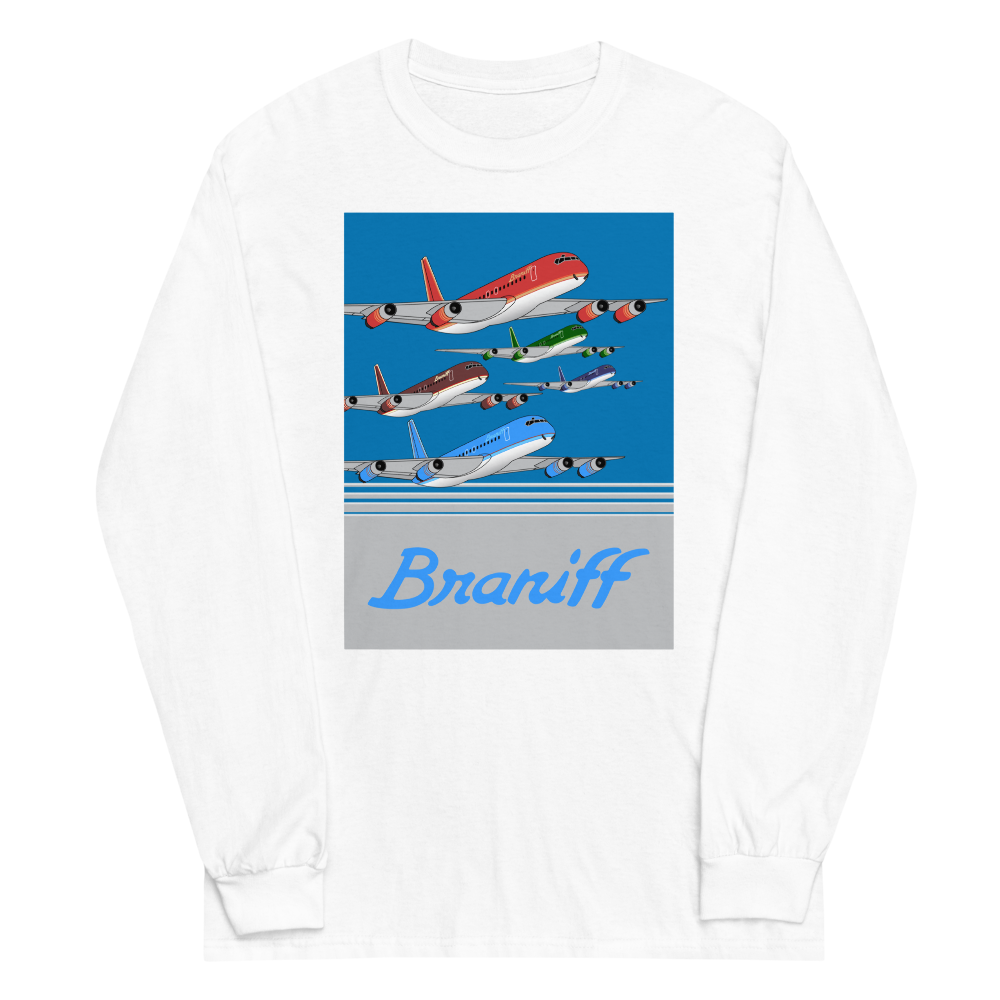 Long Sleeve Shirt by Gildan Men's Women's  Braniff McDonnell Douglas DC-8-62 1978 Ultra Color Scheme