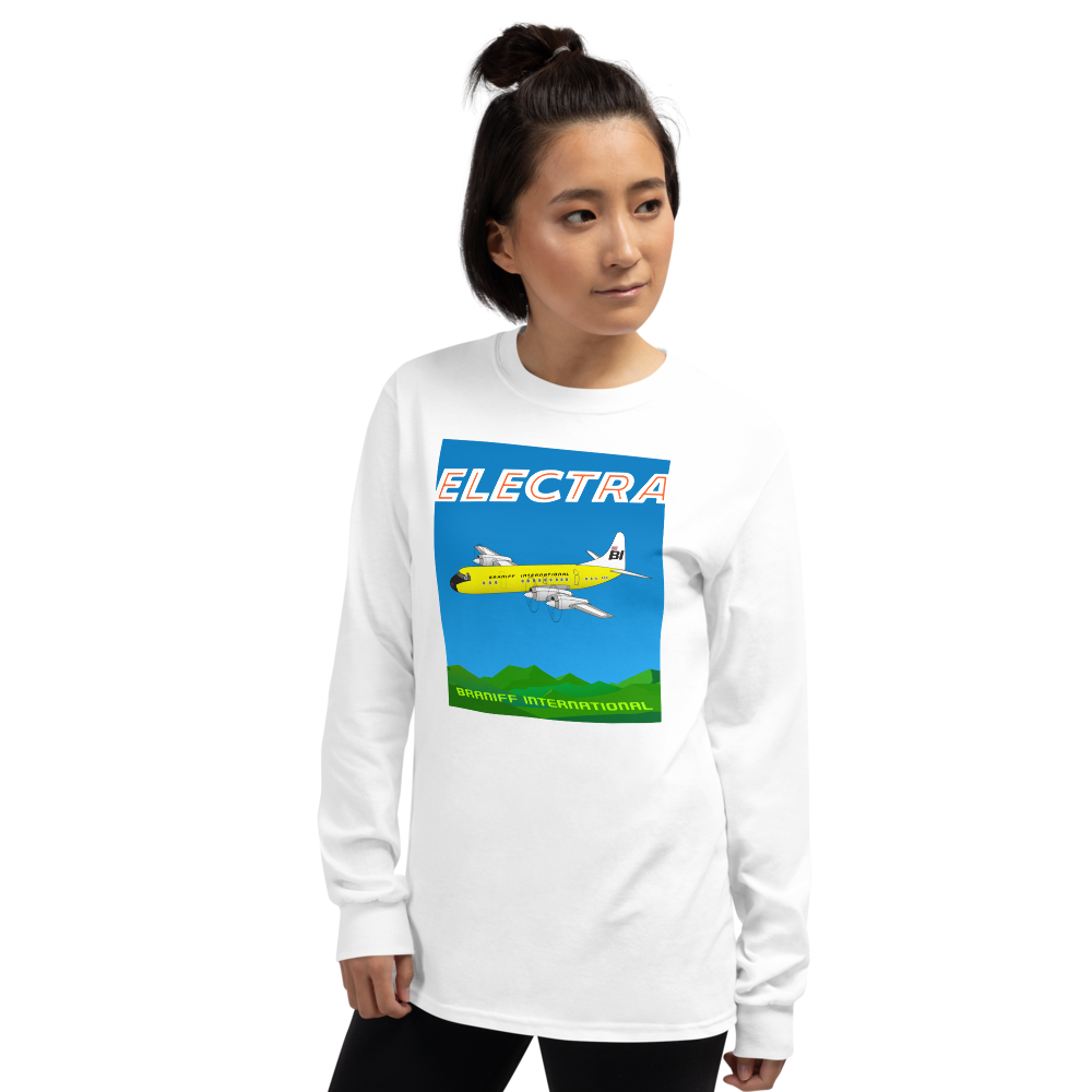 Long Sleeve Shirt by Gildan Men's Women's Braniff Lockheed L-188 Electra 1967 Solid Color Scheme