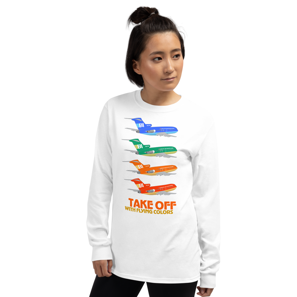Long Sleeve Shirt by Gildan Men's Women's Braniff Boeing 727 Takeoff with Flying Colors 1971 Two Tone