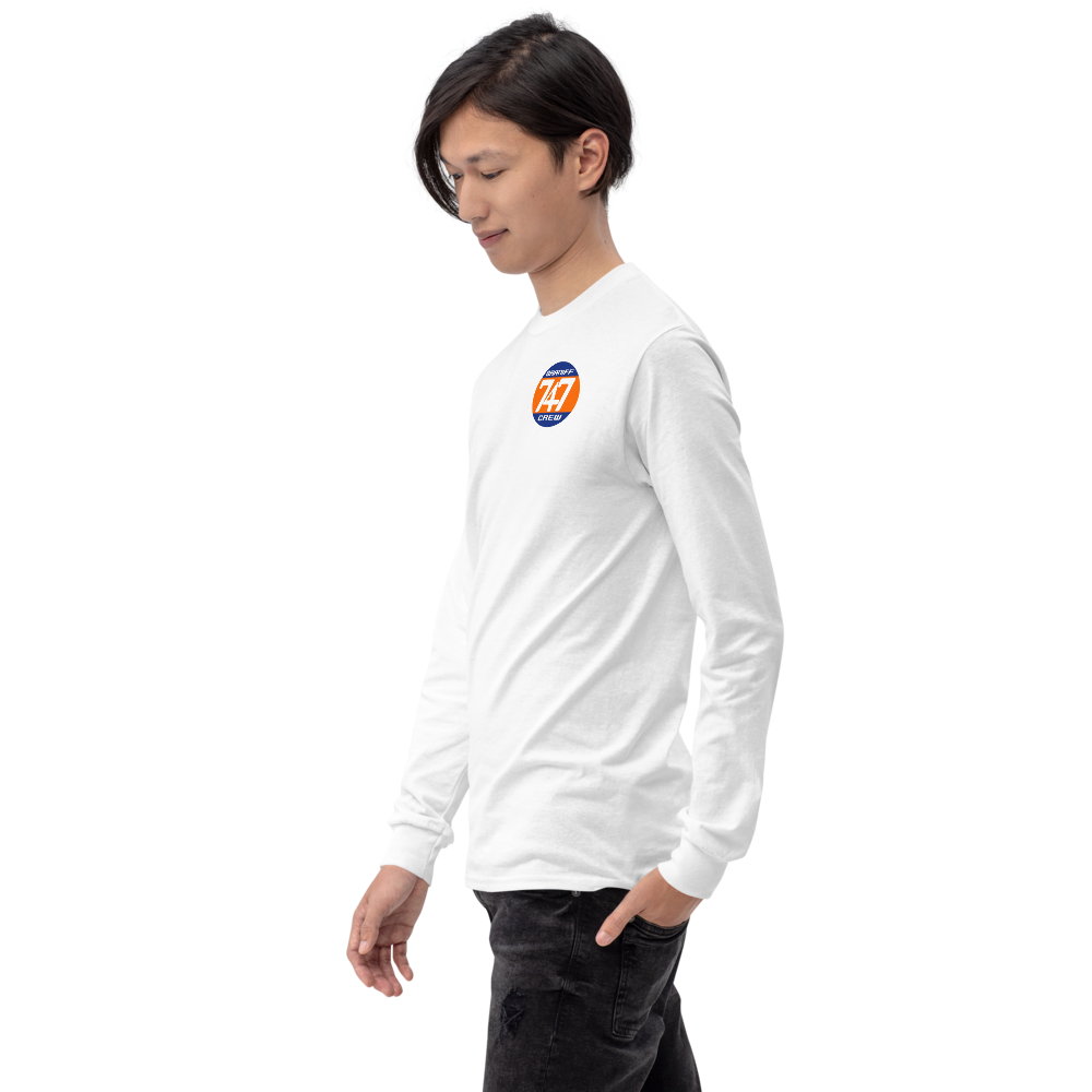 Long Sleeve Shirt by Gildan Men's Women's Braniff Boeing 747 Crew Logo and Jumbo Jet on Shirt Back