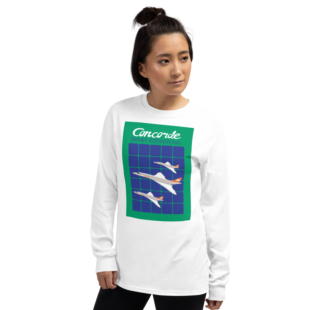 Long Sleeve Shirt by Gildan Men's Women's Braniff Concorde SST Jet Inflight